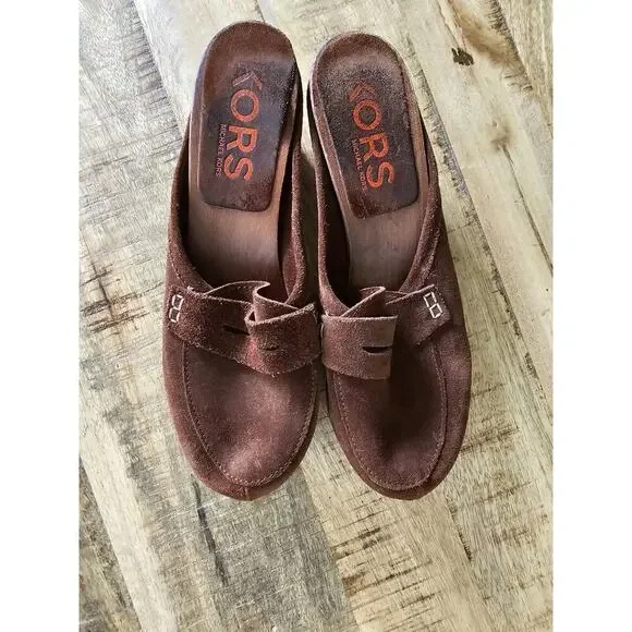 MICHAEL KORS Suede Leather Clogs Slip-On Wooden Studded Made In Italy 8B - Picture 2 of 9
